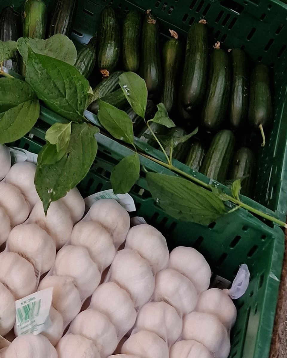 Gurken, Knoblauch und frisches Grün in Kisten in der Außenauslage